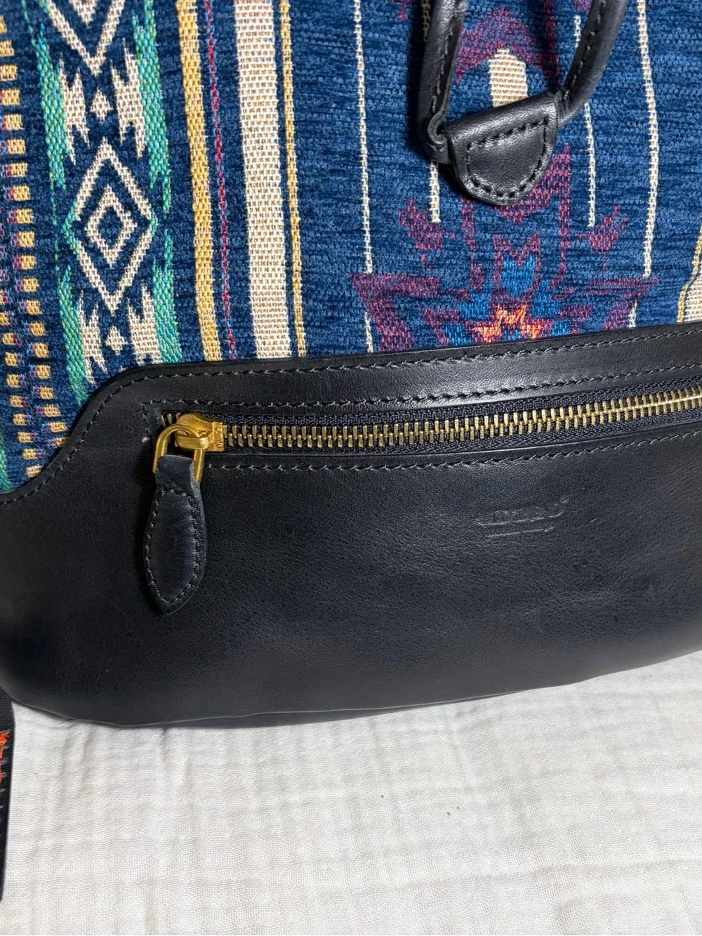 Old Trend Myrtle Bucket Backpack Black Leather Blue Geometric Canvas